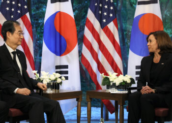 La vicepresidenta de Estados Unidos, Kamala Harris (derecha), durante una reunión bilateral con el primer ministro de Corea del Sur, Han Duck-soo. Foto: Leah Millis | Pool Foto (vía AP)