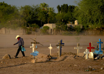 Cementerio donde se encuentra sepultado Tomás Rojo, un activista defensor del agua que fue asesinado en Pótam, en el noroeste de México. Foto: Fernando Llano | AP