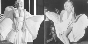 Ana de Armas como Marilyn Monroe en una escena de "Blonde", izquierda, y Marilyn Monroe posando en la filmación de "The Seven Year Itch" en Nueva York el 9 de septiembre de 1954. (Netflix vía AP, izquierda, AP Photo/Matty Zimmerman)