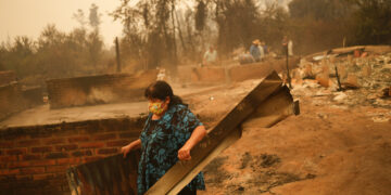 Una mujer remueve escombros en un paisaje devastado por el fuego en Santa Ana, Chile, sábado 4 de febrero de 2023. (Foto: AP/Matias Delacroix)