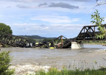 Varios vagones de un tren de carga están semisumergidos en el río Yellowstone tras el derrumbe de un puente cerca de Columbus, Montana, sábado 24 de junio de 2023.  (AP Foto/Matthew Brown)