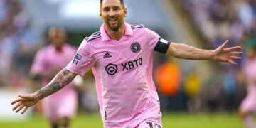 El argentino Lionel Messi, del Inter Miami, festeja tras anotar ante el Union de Filadelfia en las semifinales de la Leagues Cup, el martes 15 de agosto de 2023 (Foto: Chris Szagola / AP)