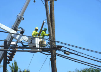 Linieros trabajan en postes eléctricos el 13 de agosto de 2023, en Lahaina, Hawai, luego del incendio. (Foto: Rick Bowmer / AP)