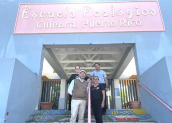 Atrás, Lizette Núñez, maestra bibliotecaria, y Carlos Miranda, maestro de matemáticas. Al frente, Ariel Pagán, maestro de Historia, y Eneida Ruiz, maestra de segundo grado. (Foto: José M. Encarnación Martínez/CPI)