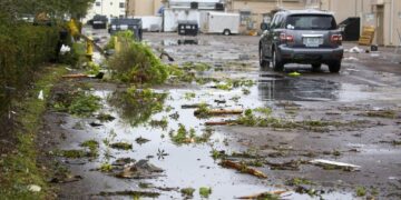 Escombros cubren una playa de estacionamiento en el centro comercial Causeway Plaza en Dunedin, Florida, jueves 12 de octubre de 2023. (Douglas R. Clifford/Tampa Bay Times via AP)