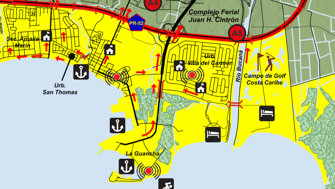 Las 2,064 viviendas de Villa del Carmen en Ponce cuentan con una sola vía de acceso vehicular, a pesar de que toda el área ubica en un territorio vulnerable a tsunamis, como evidencia el Mapa de Desalojo de la Red Sísmica de Puerto Rico. (Mapa: Red Sísmica)