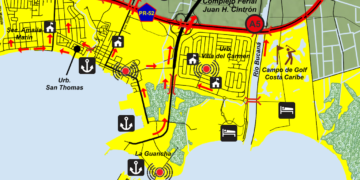 Las 2,064 viviendas de Villa del Carmen en Ponce cuentan con una sola vía de acceso vehicular, a pesar de que toda el área ubica en un territorio vulnerable a tsunamis, como evidencia el Mapa de Desalojo de la Red Sísmica de Puerto Rico. (Mapa: Red Sísmica)