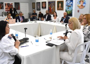 La secretaria Anaís Rodríguez Vega escucha a Clarisa Jiménez ante la mirada de la senadora Ada García Montes. (Foto suministrada)