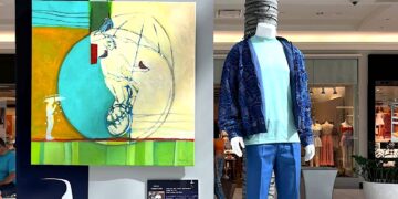 Obra "Ciclos, agua, tiempo II", del artista Wilmer Colón, junto a una chaqueta diseñada por Reynado José. (Foto: Francisco García Burgos)