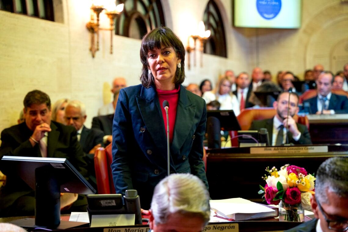 María de Lourdes Santiago Negrón y Adrián González Acosta (en el fondo) en el hemiciclo del Senado. (Foto: Senado de Puerto Rico)