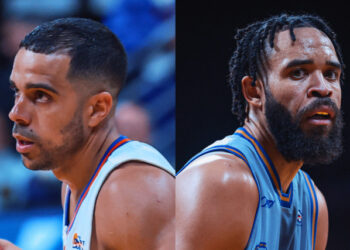 Ángel Rodríguez, de los Cangrejeros de Santurce, y JaVale McGee, de los Vaqueros de Bayamón. (Fotos suministradas)