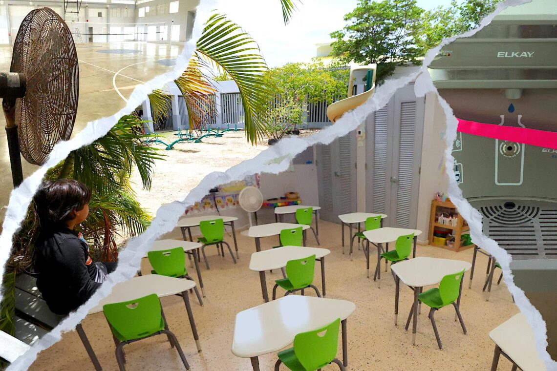 Aunque desde agosto de 2023 se rompió el récord de calor en Puerto Rico, las escuelas públicas aún no han sido adaptadas para afrontar días más calientes de forma más frecuente. A la vez, las comunidades escolares lidian con las continuas interrupciones del servicio de energía eléctrica. (Arte: CPI)