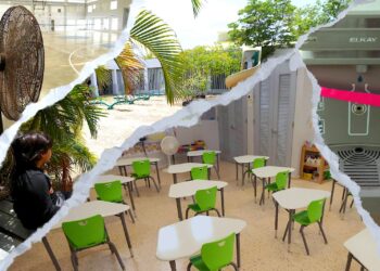 Aunque desde agosto de 2023 se rompió el récord de calor en Puerto Rico, las escuelas públicas aún no han sido adaptadas para afrontar días más calientes de forma más frecuente. A la vez, las comunidades escolares lidian con las continuas interrupciones del servicio de energía eléctrica. (Arte: CPI)