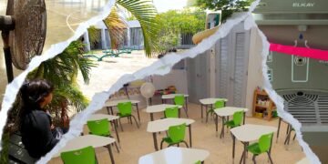Aunque desde agosto de 2023 se rompió el récord de calor en Puerto Rico, las escuelas públicas aún no han sido adaptadas para afrontar días más calientes de forma más frecuente. A la vez, las comunidades escolares lidian con las continuas interrupciones del servicio de energía eléctrica. (Arte: CPI)