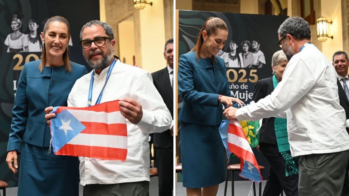 En un encuentro inesperado, Arturo Massol Deyá propuso a la jefa de Estado mexicano
y al presidente de COP30 que acogieran la bandera como símbolo internacional de la
transición energética a fuentes limpias y renovables. (Foto suministrada)