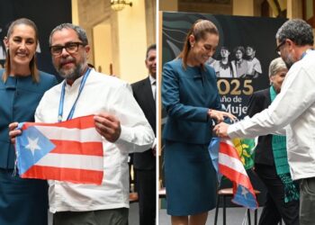 En un encuentro inesperado, Arturo Massol Deyá propuso a la jefa de Estado mexicano
y al presidente de COP30 que acogieran la bandera como símbolo internacional de la
transición energética a fuentes limpias y renovables. (Foto suministrada)