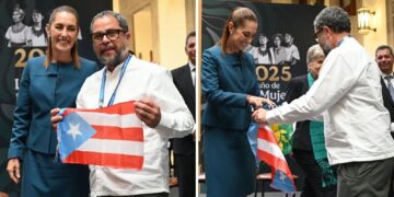 En un encuentro inesperado, Arturo Massol Deyá propuso a la jefa de Estado mexicano
y al presidente de COP30 que acogieran la bandera como símbolo internacional de la
transición energética a fuentes limpias y renovables. (Foto suministrada)